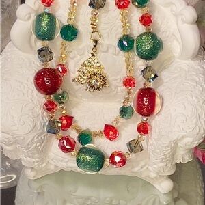 Cell phone accessory-Festive Red and Green Beaded